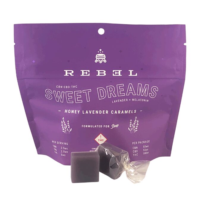 product_bcc632e4-26d9-461e-b66a-f6c8c0035bb9 Rebel Chews Sweet Dreams 1:1:2 Honey Lavender Caramel CBN:CBD:THC 100mg - Image 1