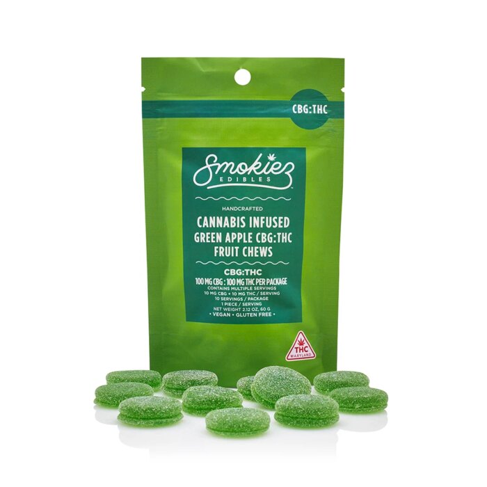product_f21cfca6-fa1e-4e12-a68e-6641da1b0db3 Smokiez Chews 1:1 CBG:THC Green Apple 100mg - Image 1