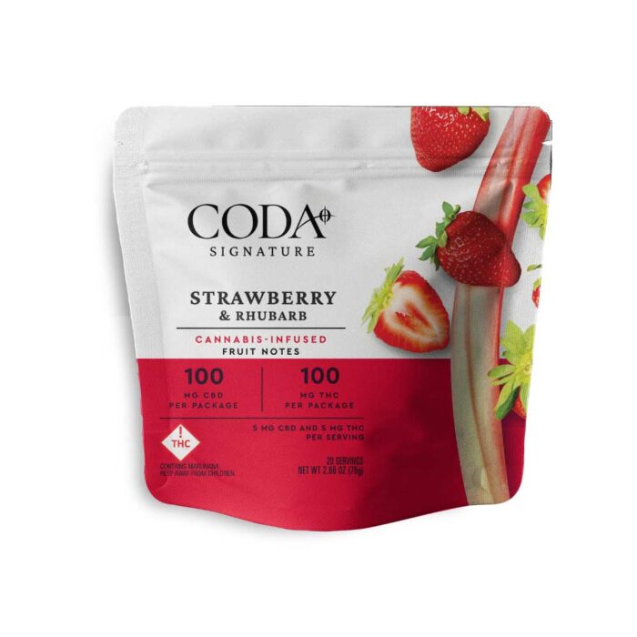Coda Fruit Notes 1:1 CBD:THC Strawberry & Rhubarb 100mg - Image 1
