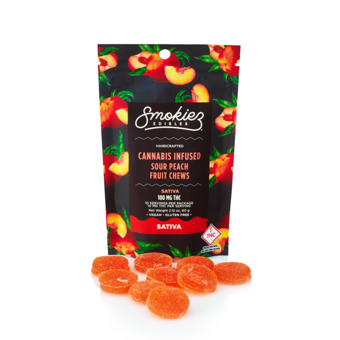 product_25fc9b04-8cbf-41f1-b32f-f42f583f91dc Smokiez Chews Sativa Sour Peach 100mg - Image 1