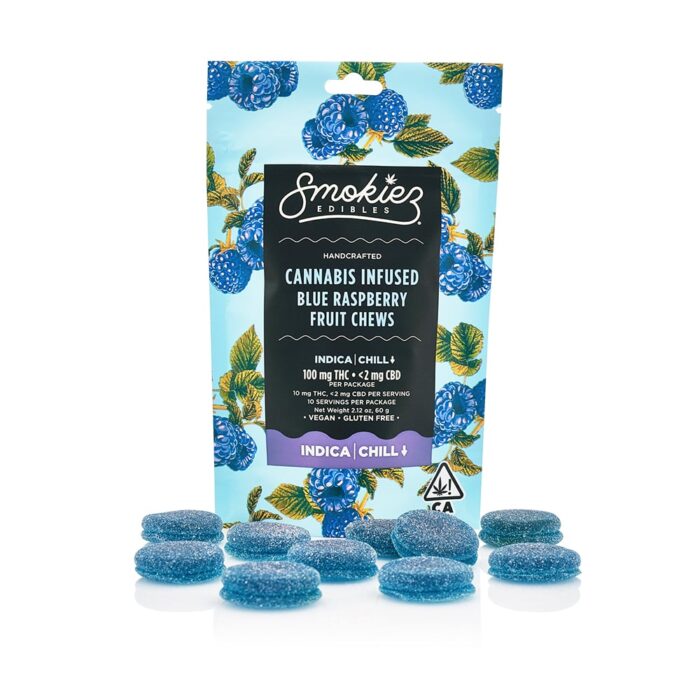 product_0d9ae071-ea73-422b-924b-7bf39819ba0b Smokiez Chews Indica Chill Blue Raspberry 100mg - Image 1